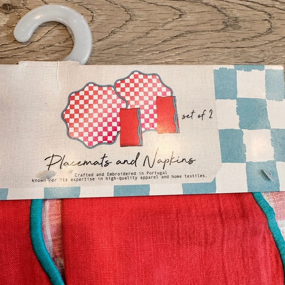 LUZOH COLLECTIVE Placemats & Napkins Set of 2 Linen Portugal Gingham Coastal RED